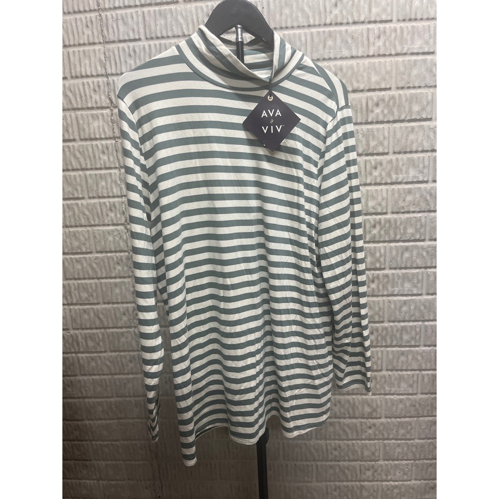 Ava & Viv Womens 1X Green Cream Striped Mock Neck Long Sleeve Top NWT 021012274